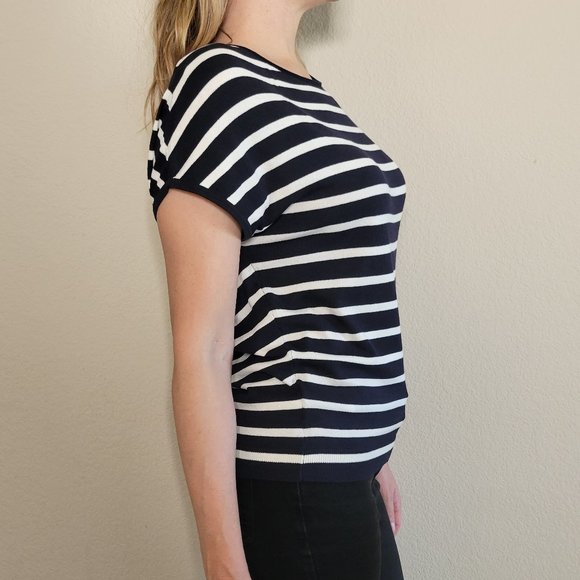 LOFT Top Womens Small Blue White Navy Stripe Cap Sleeve Sweater Shirt Blouse - Picture 4 of 8